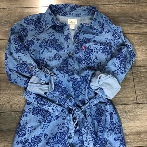 Vintage Floral Denim Belted Jean Dress Size Medium